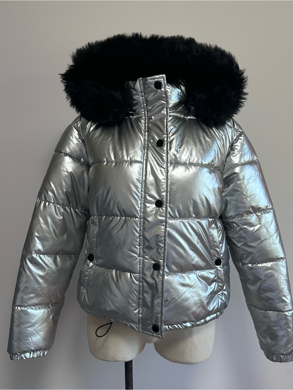 Metallic Silver Puffer Jacket with Faux Fur Hood